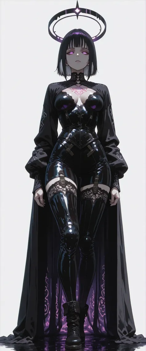 masterpiece, latest, very aesthetic, A very beautiful 27 year old adult woman, elegant and seductive body, pale skin, long silky black hair with white streaks, glowing purple eyes, gothic cyberpunk style, wearing a sleek black and violet techno-corset with...