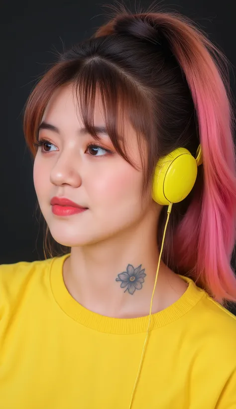 8k, Masterpiece, Top Quality, close-up portrait, eye-level, profile three-quarter view, woman with long wavy pink hair in high ponytail, face-framing strands, grey floral tattoo on neck, looking away profile, soft dreamy expression, wearing yellow t-shirt ...