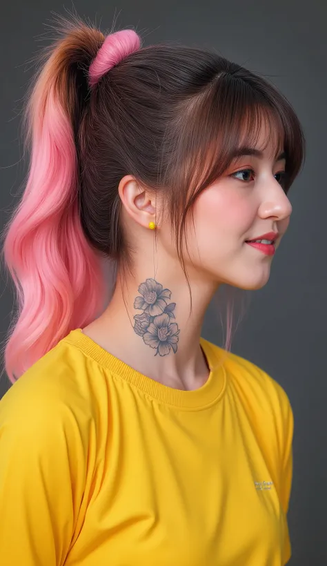 8k, Masterpiece, Top Quality, close-up portrait, eye-level, profile three-quarter view, woman with long wavy pink hair in high ponytail, face-framing strands, grey floral tattoo on neck, looking away profile, soft dreamy expression, wearing yellow t-shirt ...