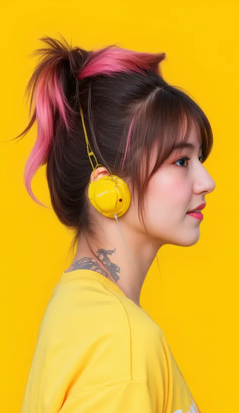 8k, Masterpiece, Top Quality, close-up portrait, eye-level, profile three-quarter view, woman with long wavy pink hair in high ponytail, face-framing strands, grey floral tattoo on neck, looking away profile, soft dreamy expression, wearing yellow t-shirt ...