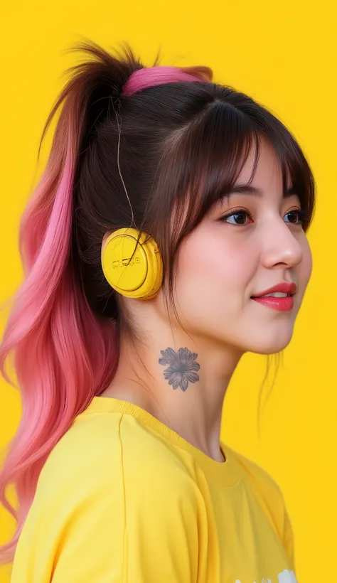 8k, Masterpiece, Top Quality, close-up portrait, eye-level, profile three-quarter view, woman with long wavy pink hair in high ponytail, face-framing strands, grey floral tattoo on neck, looking away profile, soft dreamy expression, wearing yellow t-shirt ...
