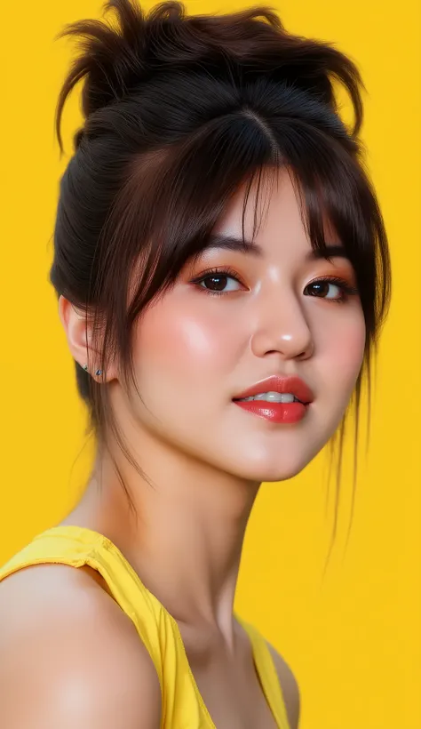 8k, masterpiece, highest quality, Korea's Beautiful Women, Close-up, vibrant black hair, messy bun hairstyle, golden yellow headphones, yellow background, yellow vest, visible tattoos, subtle makeup, soft lighting, portrait, digital art style, hyper-realis...