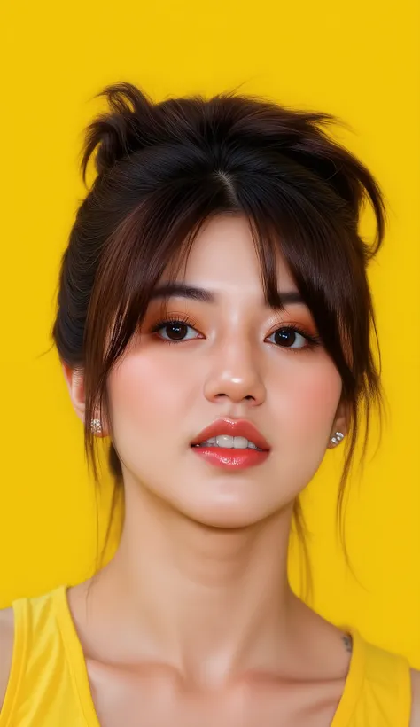 8k, masterpiece, highest quality, Korea's Beautiful Women, Close-up, vibrant black hair, messy bun hairstyle, golden yellow headphones, yellow background, yellow vest, visible tattoos, subtle makeup, soft lighting, portrait, digital art style, hyper-realis...