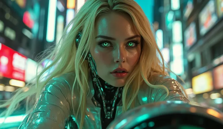 close up cinematic photography of a Realistic beautiful blonde android woman, green eyes, long straight hair flowing with motion, sexy and sculptural face with visible robotic parts and chrome facial plating, intense and focused expression, glowing skin, r...
