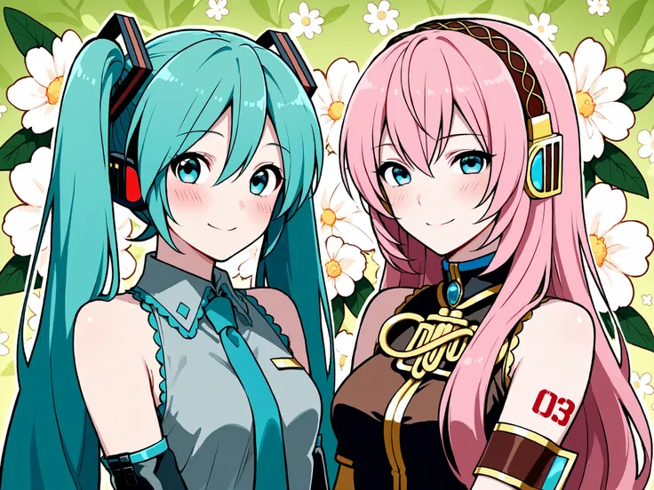 Megurine Luka,Hatsune Miku,High Accuracy Selection, long hair, And look     , blush, Smile Yang    , top quality, headphones, flower background 