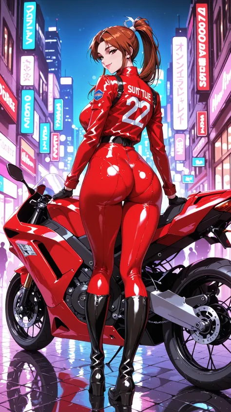 masterpiece,best quality,highres,ultra detailed,(art by artgerm and greg rutkowski),1girl,solo,Mai Shiranui,view from behind,looking back over shoulder,seductive smile,long brown hair,iconic high ponytail,white ponytail holder,brown eyes,leaning back again...