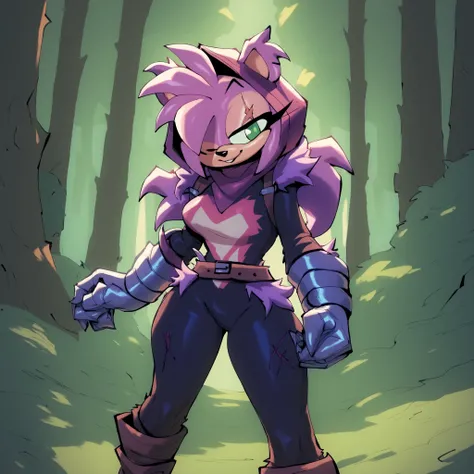 Amy Rose (Bigdad/character), female, (long hair), (long hair/quills), solo, outdoors, medium breasts, fuzzy fur, Amy dressed as Raven Team Leader, cosplay, purple hood, (furry), black body fur, bodysuit, purple fur, belt, straps, :3, torso symbol, metal gl...