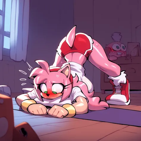 Amy Rose (Bigdad/character), female, cozy outfit, loose shirt, shorts, ((long hair)), (long hair/quills), solo, indoors, bedroom, large breasts, fuzzy fur, embarrassed, shocked, blush, milf, mommy, jack-o' challenge, top heavy 