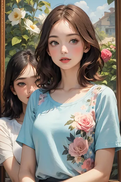 396 ((young woman and young man)),(short hair),(Neat hair),(Ultra High Definition),(Floral T-shirt),(Leonardo da Vinci style paintings)