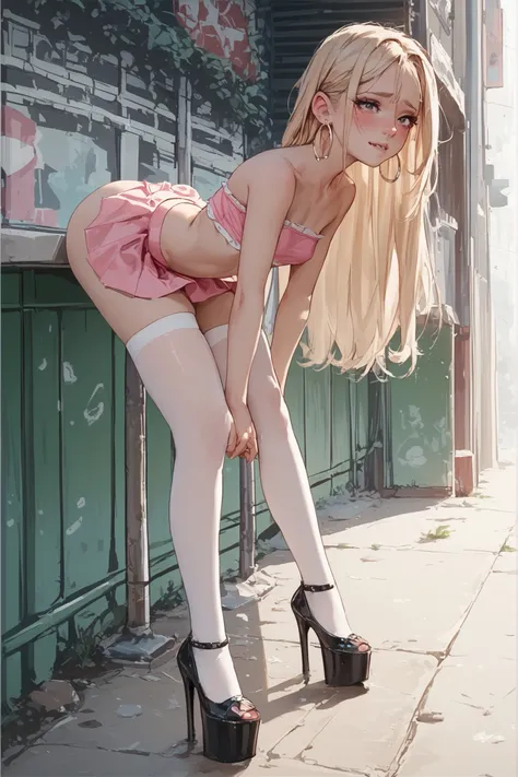 very very young slender petite little innocent blonde anime girl  with small size breasts dark black eye shadow and large hoop earrings wearing a neon SEE THROUGH pink tiny pleated cute micro skirt waist high very dark black pantyhose that go up to her wai...