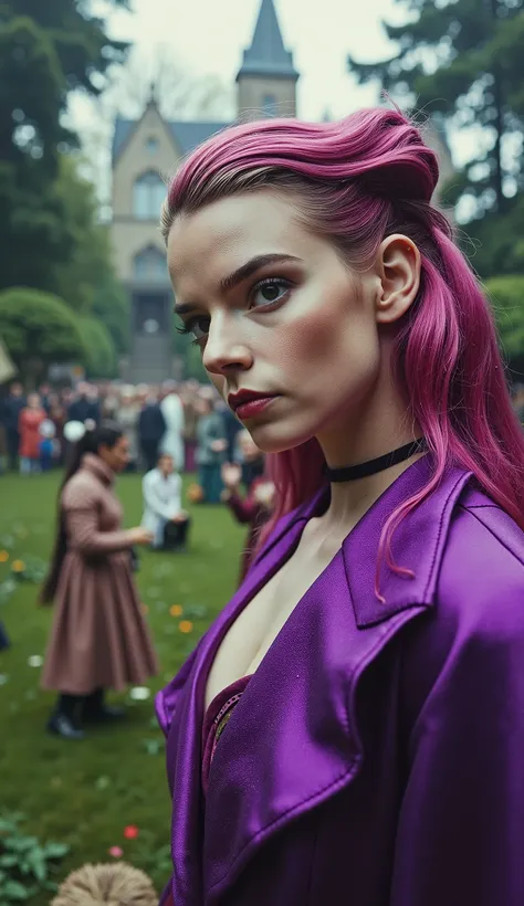 Anya Taylor-Joy in purple and pink hyperrealistic in 8k shiny hair with 80s cut, No fundo, an epic forest and house and people with birds and a tree

