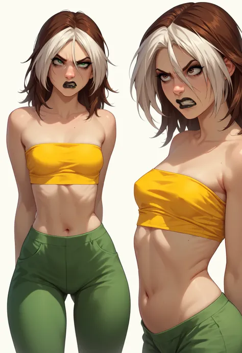  ((White background)) rathing_questionable,  ,  score_9,  score_8_up,   BREAK,  perfect face, 1 girl, rogue,  multicolored hair,  brown hair , brown eyes ,  white hair ,  black lips ,  green eyes , (yellow tube top:1.4), (Green pants:1.2)  ((small breasts:...