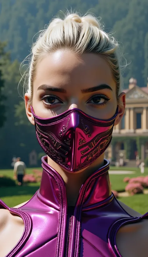 Anya Taylor-Joy like Mileena from Mortal Kombat with a hyperrealistic pink and purple metal mask in 8k shiny hair with 80s cut, No fundo, an epic forest and house and people with birds 
