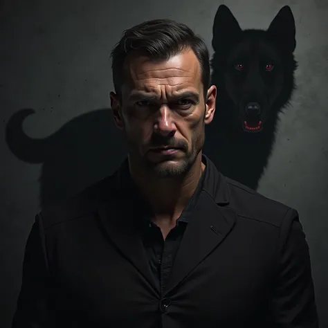 a man with an aggressive expression, dark background, and a cast shadow that looks like a dog