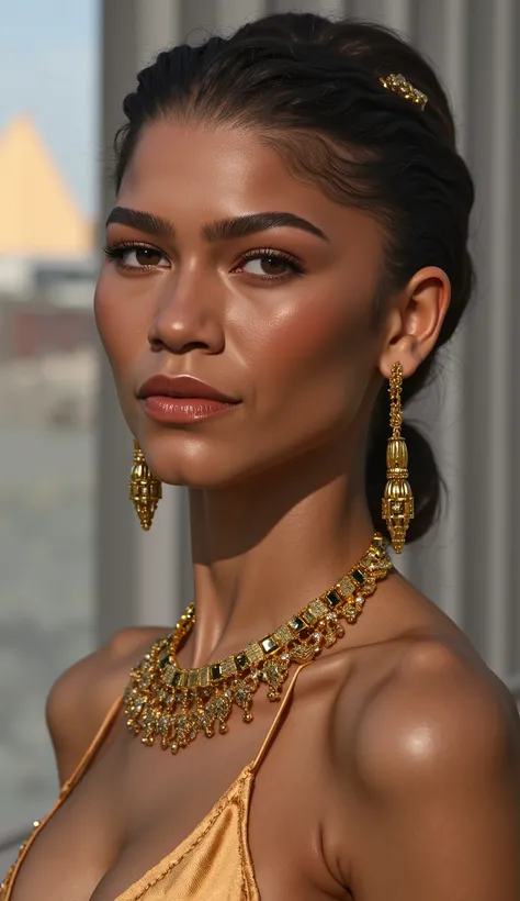 Hyperrealistic Zendaya in gold with luxury earring and necklace in high quality gold with small black details, high quality hyperrealistic background with gray pillars and a pyramid only the face in high quality
