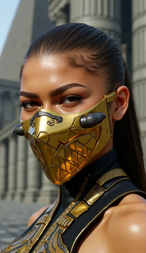 Zendaya hyperrealistic by Tanya from Mortal Kombat in high quality with her golden mask with small details close to iron, high quality hyperrealistic background with gray pillars and a pyramid only the face in high quality