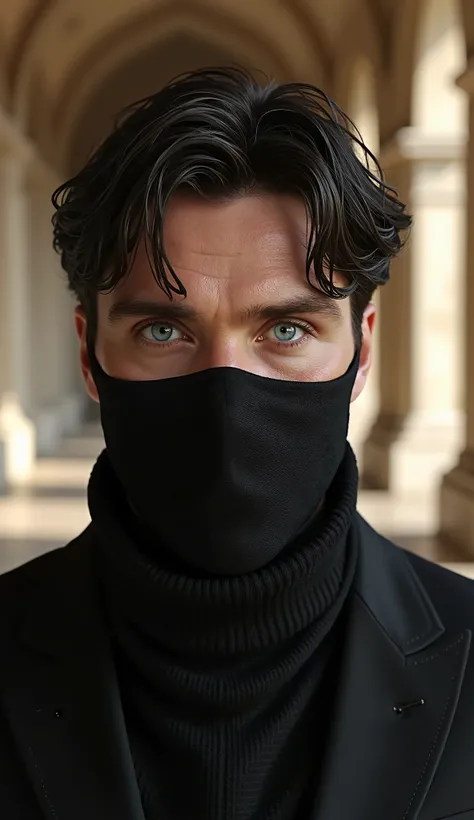 Cillian Murphy by Noob Saibot from hyperrealistic Mortal Kombat in high quality with his dark black mask that covers his mouth in 8k, high quality detailed background of a museum with epic columns and brightness in 8k, octane render
