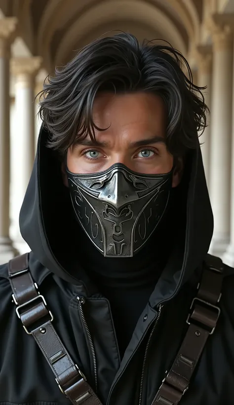 Cillian Murphy by Noob Saibot from hyperrealistic Mortal Kombat in high quality with her black dark iron mask that covers her mouth in 8k, high quality detailed background of a museum with epic columns and brightness in 8k, octane render