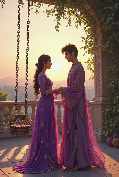 She must be wearing purple ghaghra and they are talking to each other on the swing of the rooftop of mension 