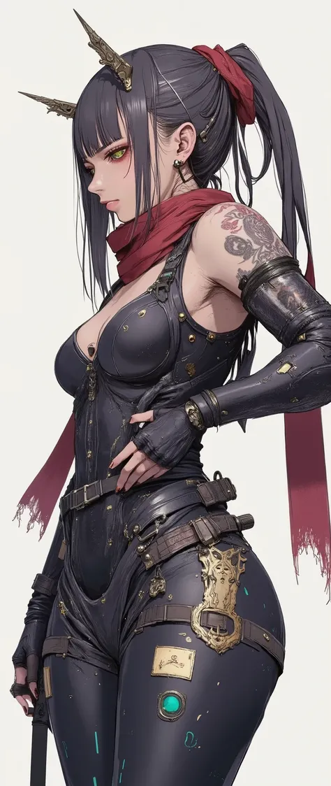 Masterpiece, most recent, very aesthetic. A beautiful adult woman in her 30s, with a curvaceous body, long legs in the style of Bayonetta, oriental mestizo, white skin, intense golden eyes, long black hair, two long side locks framing her face. She wears a...