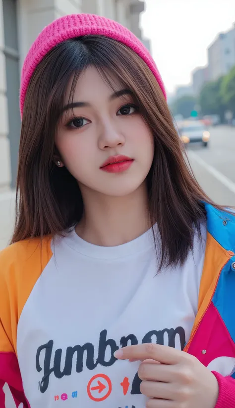 8k, masterpiece, half view , fashion photography ,dynamic posture, Indonesian girl, Pretty girl wearing a long shirt, , , , , straight black hair and bangs, White skin, bright blue eyes with pink and blue eyeshadow, nude lips, wearing a bright outfit, , , ...