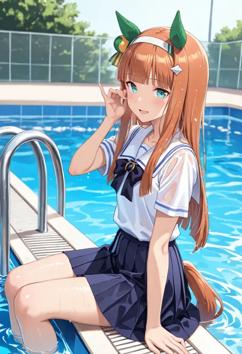 (masterpiece, best quality, perfect face:1.4), wide angle, silence suzuka \(umamusume\), horse ears, ear cover, white headband, small breasts, horse tail, tail on the lower back, proportional body, proportional,1 girl, beautiful hair, beautiful face, beaut...