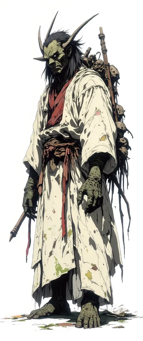 Masterpiece, most recent, very aesthetic. A demon with the face of an ancient Japanese mask, he has wisps of hair, he is hunchbacked, he is wearing a white Japanese robe with red details, he stands on all fours, a scary monster, he has 4 arms, he has spear...