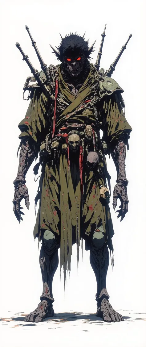 Masterpiece, most recent, very aesthetic. A demon with the face of an ancient Japanese mask, he has wisps of hair, he is hunchbacked, he is wearing a white Japanese robe with red details, he stands on all fours, a scary monster, he has 4 arms, he has spear...