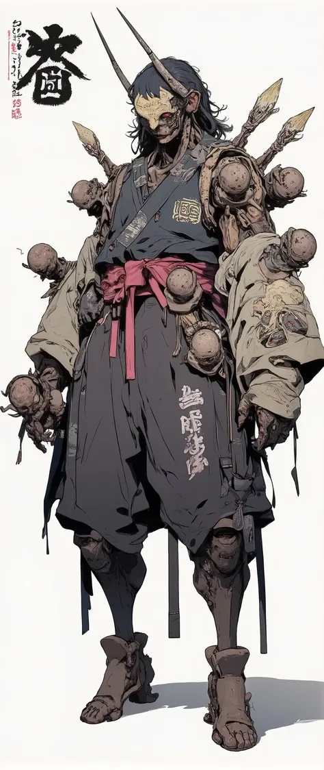 Masterpiece, most recent, very aesthetic. A demon with the face of an ancient Japanese mask, he has wisps of hair, he is hunchbacked, he is wearing a white Japanese robe with red details, he stands on all fours, a scary monster, he has 4 arms, he has spear...