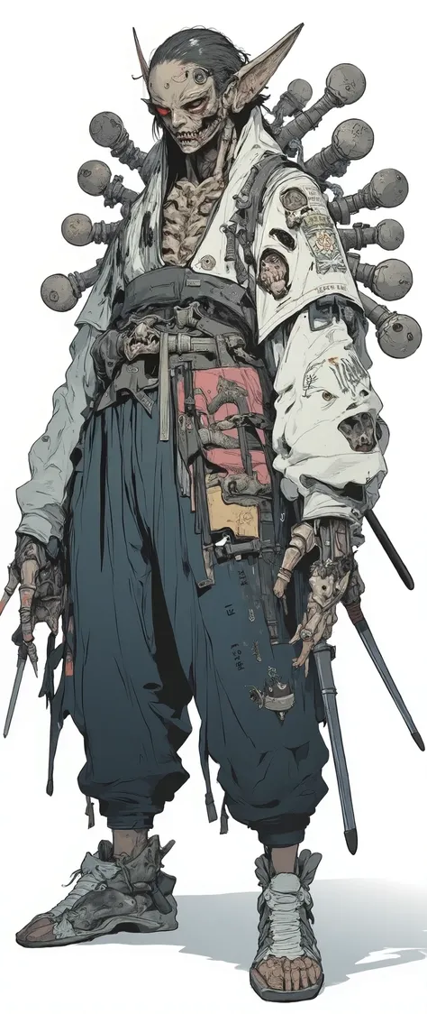 Masterpiece, most recent, very aesthetic. A demon with the face of an ancient Japanese mask, he has wisps of hair, he is hunchbacked, he is wearing a white Japanese robe with red details, he stands on all fours, a scary monster, he has 4 arms, he has spear...