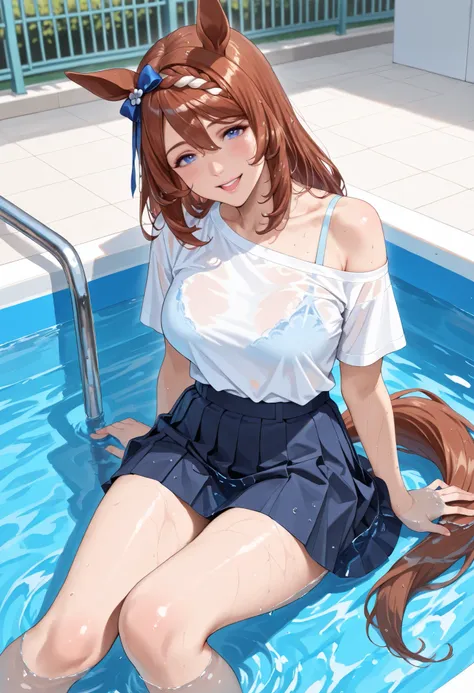 (masterpiece, best quality, perfect face:1.4), wide angle, super creek \(umamusume\), horse ears, ear ornament, horse tail, tail on the lower back, proportional body, proportional, beautiful hair, beautiful face, beautiful detailed eyes, beautiful clavicle...