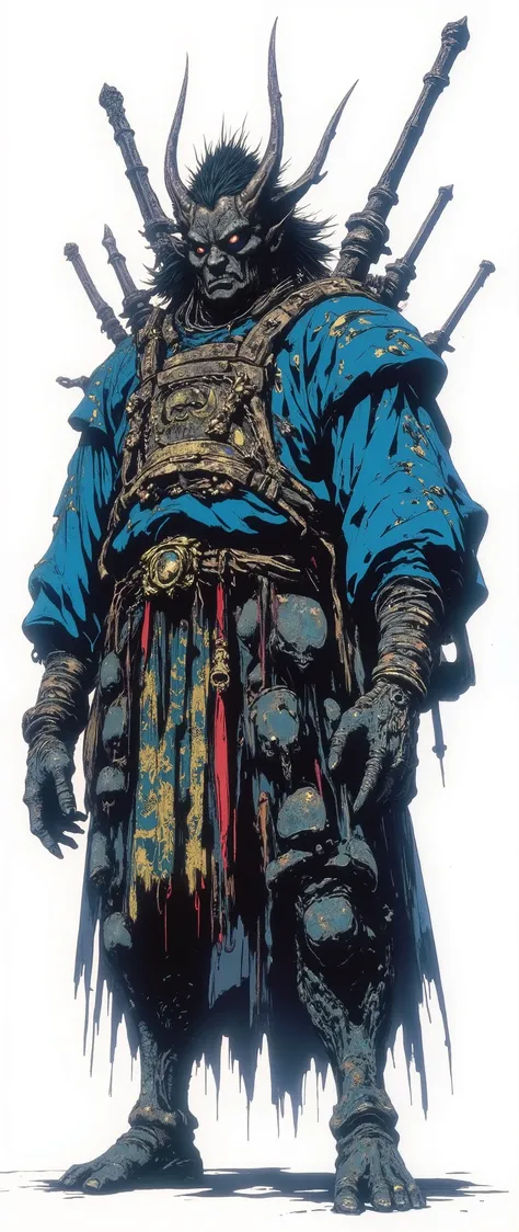 Masterpiece, most recent, very aesthetic. A fat demon with an iron mask, he has wisps of hair, he is hunchbacked, he is wearing a blue Japanese robe with gold details, he stands on all fours, scary monster, he has 4 arms, he has spear-shaped bones that com...