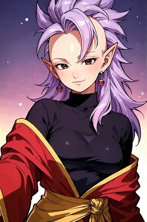 West Supreme Kai, off shoulder red Supreme Kai outfit, black inner wear, black turtleneck, light smile, looking at viewer, slender figure, delicate complexion, mature appearance, mature grace, medium breasts, curvy, long blue-purple mohawk, long hair, spik...