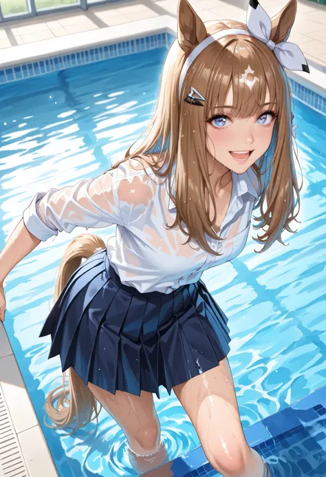 (masterpiece, best quality, perfect face:1.4), wide angle, almond eye \(umamusume\), (white hair ornament), horse ears, horse tail, tail on the lower back, proportional body, proportional,1 girl, beautiful hair, beautiful face, beautiful detailed eyes, bea...