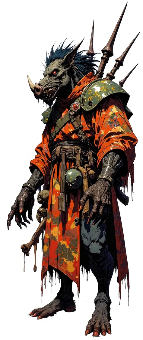 Masterpiece, most recent, very aesthetic. A boar-faced demon, [[[BOAR HEAD]] , he has wisps of hair, he is hunchbacked, he is wearing an orange Japanese robe with gold details, he stands on all fours, scary monster, he has 4 arms, he has spear-shaped bones...