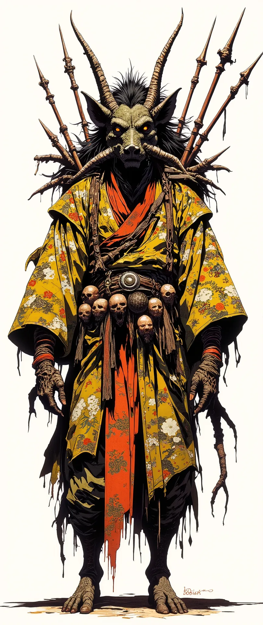 Masterpiece, most recent, very aesthetic. A boar-faced demon, [[[BOAR HEAD]] , he has wisps of hair, he is hunchbacked, he is wearing an orange Japanese robe with gold details, he stands on all fours, scary monster, he has 4 arms, he has spear-shaped bones...
