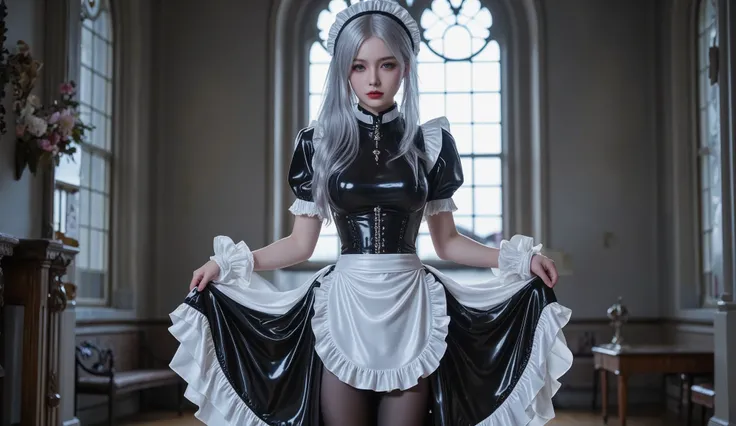  Young Beautiful Woman,(Black and white gothic maid outfit, long skirt, Corsets , black tights,Black boots),( Silver Hair, shoulder-length hair in the image, purple eyes, half closed eyes , Unusual Suspicious Emotions:1.3,Black lips:1.5, big breasts, shiny...