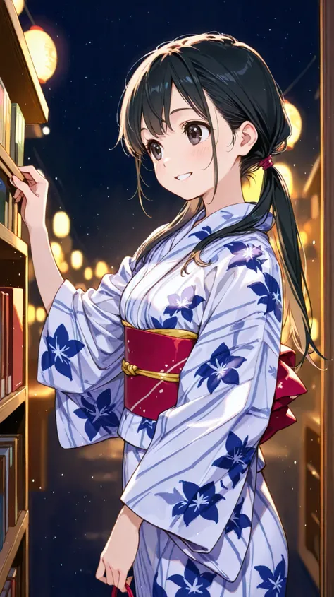 kimono,Woman in yukata　long black hair in the library　Ponytail　make your whole body visible　She smiles here