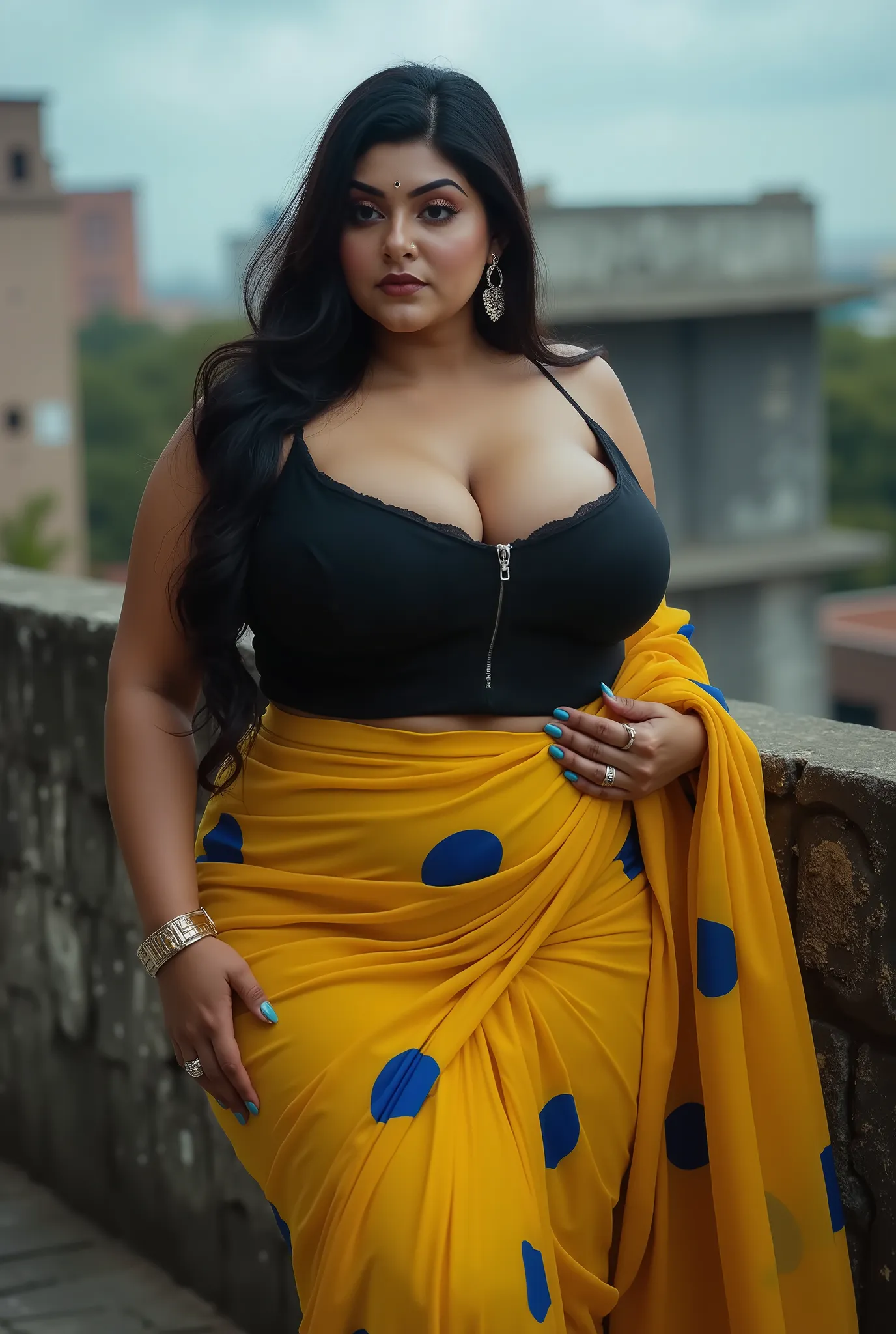 Best quality, ultra-detailed, photorealistic: 1.39), bright, bright image, perfect exposure, best lighting, Indian busty chubby lady with massive breasts and deep cleavage ((Gigantic breasts and deep cleavage)), wearing a black tank top and yellow saree wi...