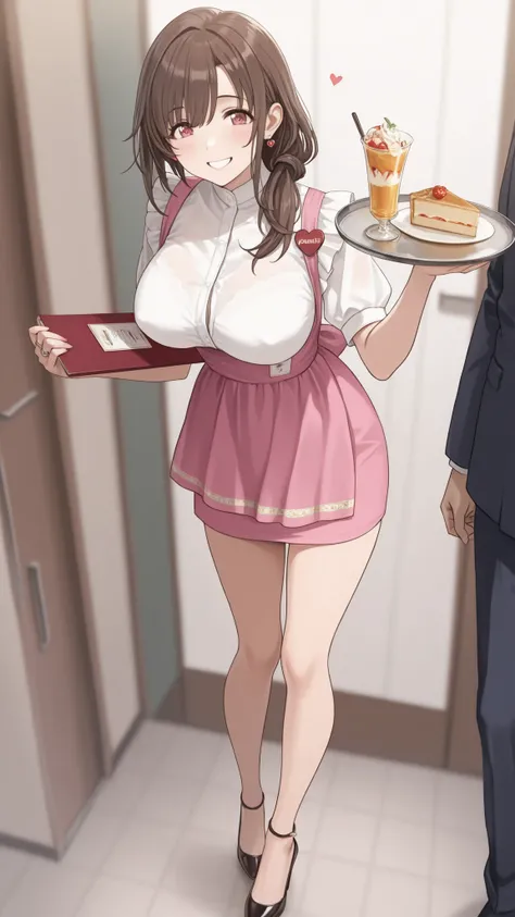 Mature Woman女性, Housewife, she closes her mouth and smiles gently,full body,Kind Eyes, brown hair, low long hair, pink waitress costume_Anna Millers_ very short skirt ,Panties are watching,black high heels,anklet,ring on the ring finger of the left hand,He...