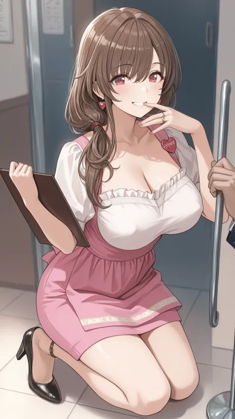 Mature Woman女性, Housewife, she closes her mouth and smiles gently,full body,Kind Eyes, brown hair, low long hair, pink waitress costume_Anna Millers_ very short skirt ,Panties are watching,black high heels,anklet,ring on the ring finger of the left hand,He...