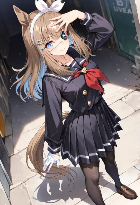 (masterpiece, best quality, perfect face:1.4), wide angle, almond eye \(umamusume\), white hair ornament, horse ears, horse tail, tail on the lower back, proportional body, proportional,1 girl, beautiful hair, beautiful face, beautiful detailed eyes, beaut...