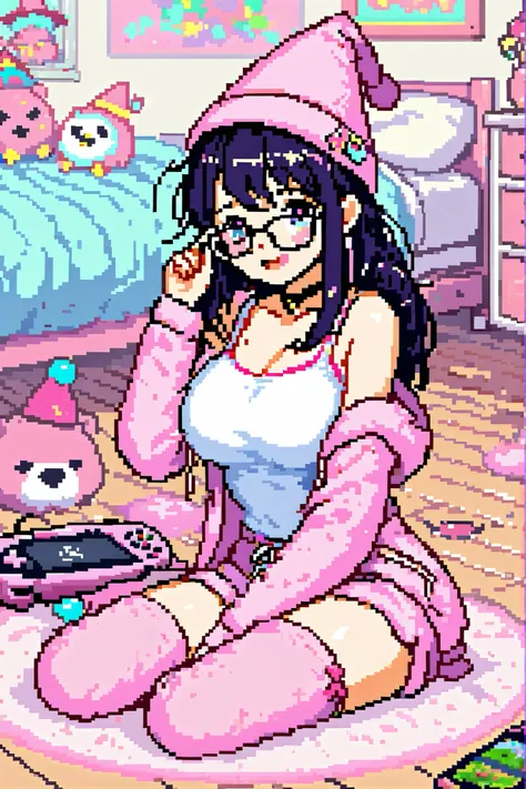 Private room、Playing video games、1 girl、Wizard Hats、loungewear、glasses、is sloppy、sitting on the floor、masterpiece、top quality、