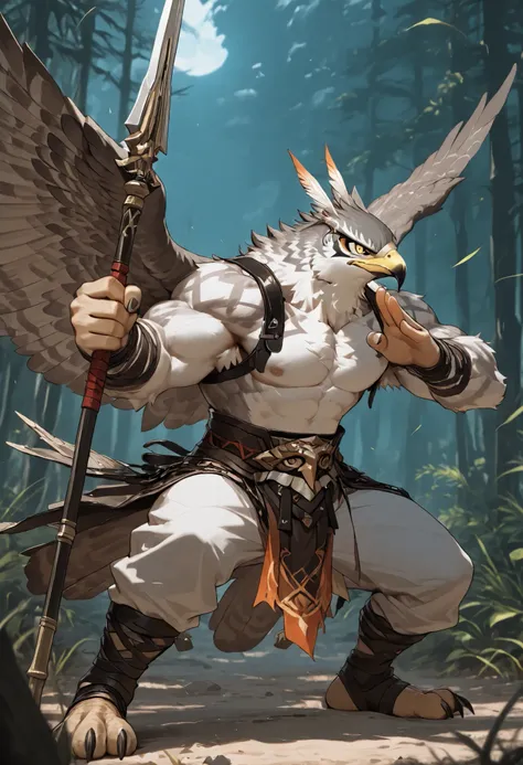 realistic, real shadow and light,depth of field, Athletic body, commission for high res, anthropomorphic, there is a falcon, White fur, fluffy, furry, topless, muscular body, bare chest, (ancient leather outfit), fight pose, fighting stance, in the deep wo...