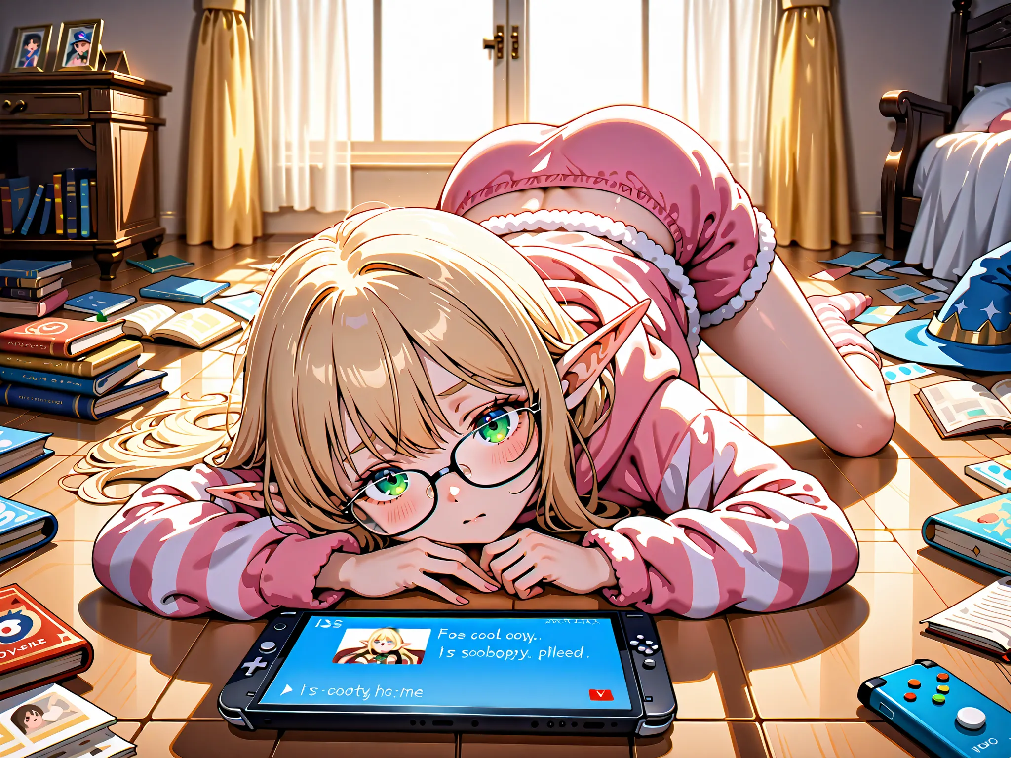 Private room、Messy room、A room filled with games and books、Playing video games、1 girl、elf ears、Wizard Hats、loungewear、glasses、is sloppy、Face down on the floor、masterpiece、top quality:1.5、