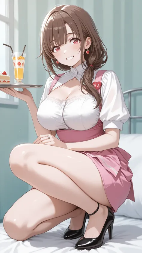 Mature Woman女性, Housewife, she closes her mouth and smiles gently,full body,Kind Eyes, brown hair, low long hair, pink waitress costume_Anna Millers_ very short skirt ,I'm crouching with my thighs open slightly and getting down on one knee,white lace panti...