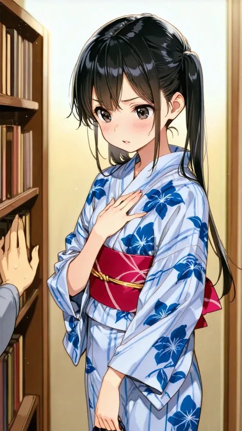 kimono,Woman in yukata　long black hair in the library　Ponytail　make your whole body visible　rub your chest by putting your hand through the sleeve of a woman's yukata　Don't peel off your chest in a yukata