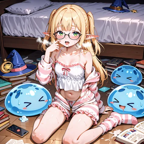 Private room、Messy room、ゲームやBooksで埋まる部屋、I'm playing a cell phone game、1 girl、elf ears、Wizard Hats、melted loungewear for girls、glasses、Blush、Saliva、sweat、away I'm out of breath、sitting on the floor、masterpiece、top quality:1.5、blue slime、Fingers５Books、uncens...