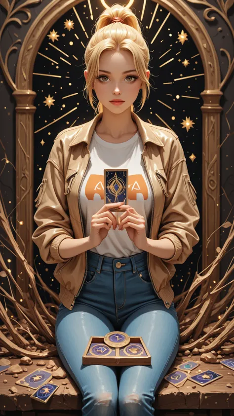 A kind girl with blond hair with a tied ponytail in jeans, a T-shirt and a shabby jacket is holding a wooden Tarot card box in her hands.