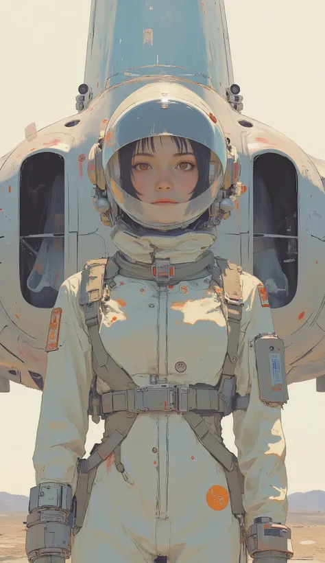 Bird&#39;s Eye View、A woman in a spacesuit is standing in front of an airplane, Close up of 70s jet fighter pilot girl, as Retrofuturistic Heroines,  60s sci-fi pin-up style , like a retrofuturistic heroine, 60's sci-fi pinup, Scott Listfield, futuristic w...